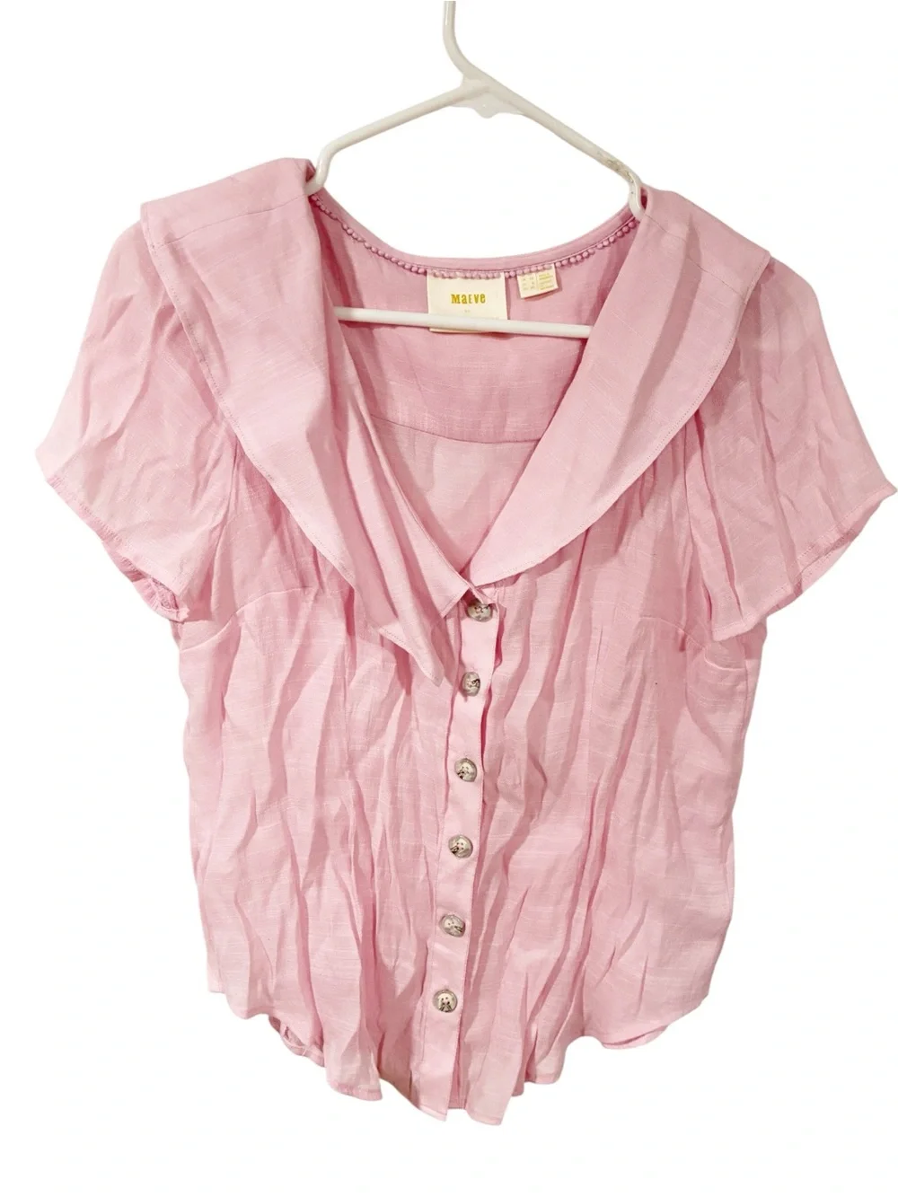 Anthropologie Maeve Light Pink Big Collar Button Front Short Sleeve Top Size 8